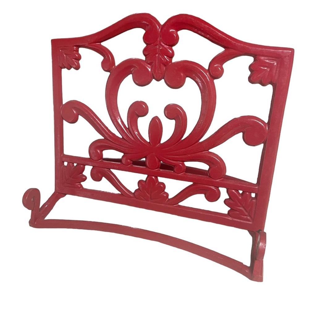Red decorative ornately crafted Cast Iron Cookbook stand, book stand.